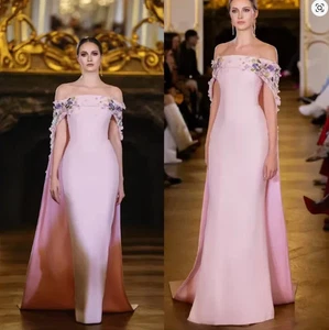 Pink Satin Evening Dress with cape Boat Neck Off the Shoulder Sleeveless Party - Picture 1 of 9
