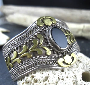 Armreif Armspange Ethno Onyx teilvergoldet 925er Sterling Silber - Bild 1 von 6