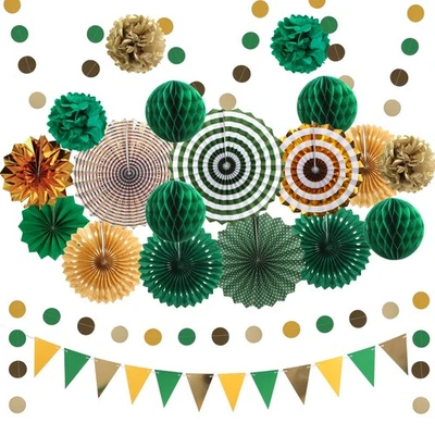 Decoraciones de fiesta verdes y doradas, 23 piezas abanicos de papel colgantes, pompones flores,... Foto 1 de 4
