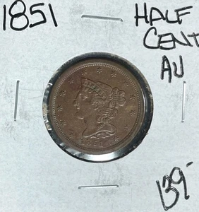 1851 BRAIDED HAIR HALF CENT ~ AU ~NICE COIN~ - Picture 1 of 2