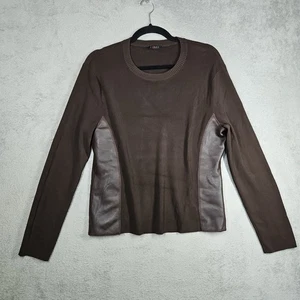 Cyrus Rich Chocolate Brown Liquid-Knit Leather Trim Panels Long Slv Top Gr. XL  - Bild 1 von 14