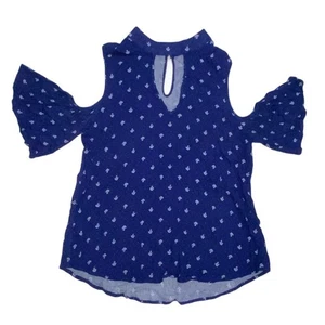 Cold Shoulder dunkelblau Schlüsselloch Top Bluse Regenschirm Print Rüschensaum Größe Medium - Bild 1 von 10