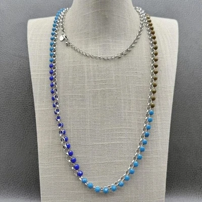 Collar de cadena con cuentas Lia Sophia tono plata azul marrón cuentas facetadas 32 pulgadas Foto 1 de 4