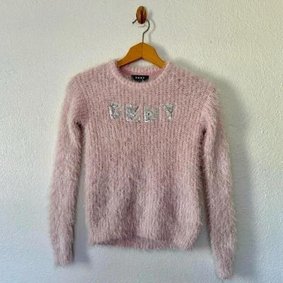 DKNY y2k baby pink silver sequin fuzzy logo sweater mcbling coquette cozy M - Image 1 of 4
