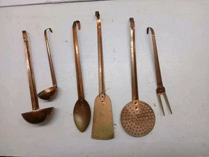 6 Vtg Pure Copper Kitchen Tools Hanging Ladle Fork Utensils Spatula Extr. Rare - Picture 1 of 9