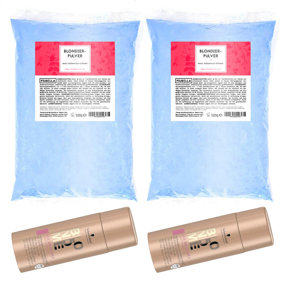 orig. Piubella Prof. Blondierpulver 2x500g + 2x Schwarzkopf Blondme-Shampoo 50ml
