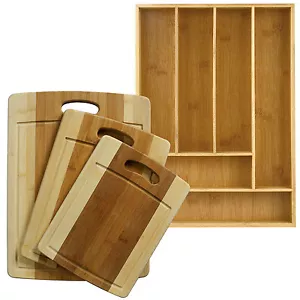 Tabla de cortar de bambú orgánico de 3 piezas ranura de goteo de madera premium + bandeja de 6 ranuras organizar - Imagen 1 de 5