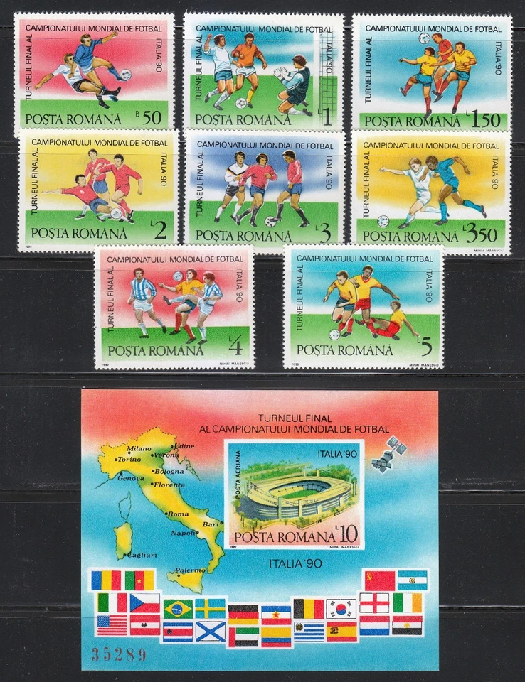 Rumanía 1990 MNH Mi 4594-4601+Bloque 262 Sc 3602-3609 Copa Mundial de Fútbol.Italia'90** Foto 1 de 1