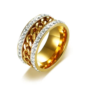 Cadena giratoria chapada en oro de 11 mm AAA CZ Band Anillo de acero inoxidable para hombres tamaño 7-12 - Imagen 1 de 7