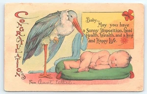 Postcard Congratulations Baby on Pillow Stork c1915 - Picture 1 of 3