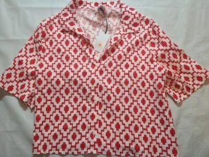 Women's Cropped Button-Up Short Sleeve Cover Up Top Shade & ShoreRed Geo Print S - Picture 1 of 5