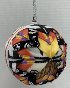 Folded Fabric Ornament 3” Ball Black White Orange Silver Halloween Decorative - Picture 1 of 8