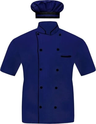 Men Chef Jacket Half Sleeves, 10 attractive Colors With Black Piping, Free Cap - Image 1 of 4