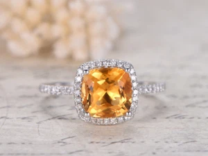 1.7ct Yellow Citrine Engagement Ring Simulated Diamond Halo White Gold Plated - Picture 1 of 7