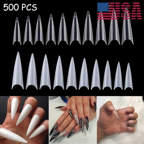 500Pcs False Nails Long Stiletto Acrylic Half Cover Tips Pointy Gel Nail Us