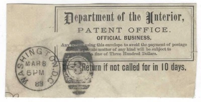 US 1889 OFFICIAL LABEL OF THE DEPARTMENT OF THE INTERIOR PATENT OFFICE - Image 1 of 2