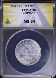 1922 A 3M Germany 3 Marks ANACS MS 64 | Uncirculated UNC BU - Picture 1 of 4