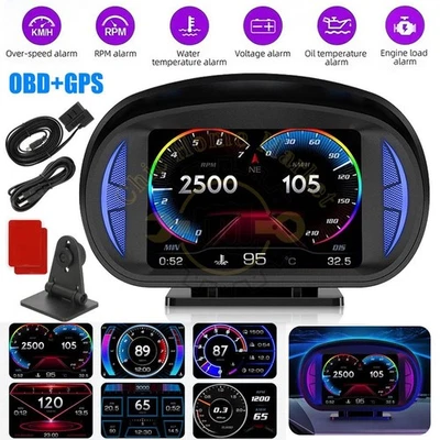 OBD2+GPS HUD Car Gauge Head Up Digital Display Speedometer Turbo RPM Alarm Temp - Image 1 of 4