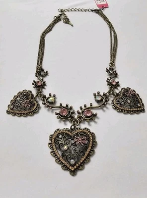 Betsy Johnson Filigree Vintage Hearts W/ Pink AB Rhinestone Bronze New Necklace  - Image 1 of 4
