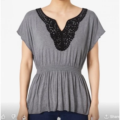 AB Studio Women's Gray Tunic Top with Black Lace V-Neck - Size L - Image 1 of 4