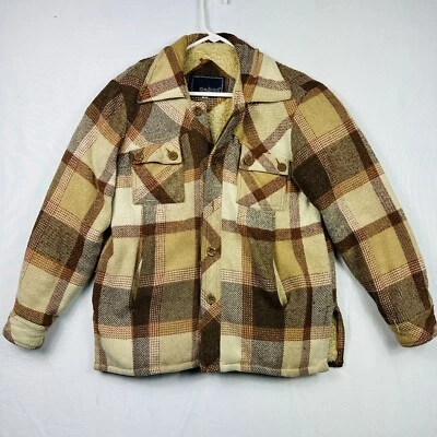 Vintage 70s Cabot Wool Plaid Flannel Sherpa Coat Jacket Shirt Multicolor Small - Image 1 of 4