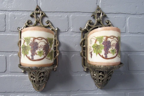 1920's Pair Silver Plate Slip Shade Sconces Grapevine Design Restored UL 11" L Cover