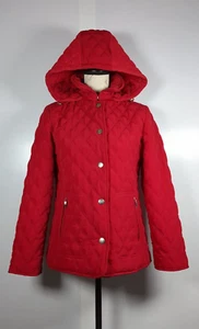 Gallery Womens Small Petite Red Hooded Quilted Jacket Coat Snap Lined Zip Pocket - Picture 1 of 14