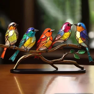 2D Stained Glass Birds on Branch, Metal Suncatcher, Table Decor, Home Ornament - Picture 1 of 8