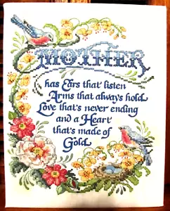 MOTHER'S HEART OF GOLD, 11"X14" HAND EMBROIDERED SAMPLER, MOUNTED 11"X14" - Picture 1 of 3