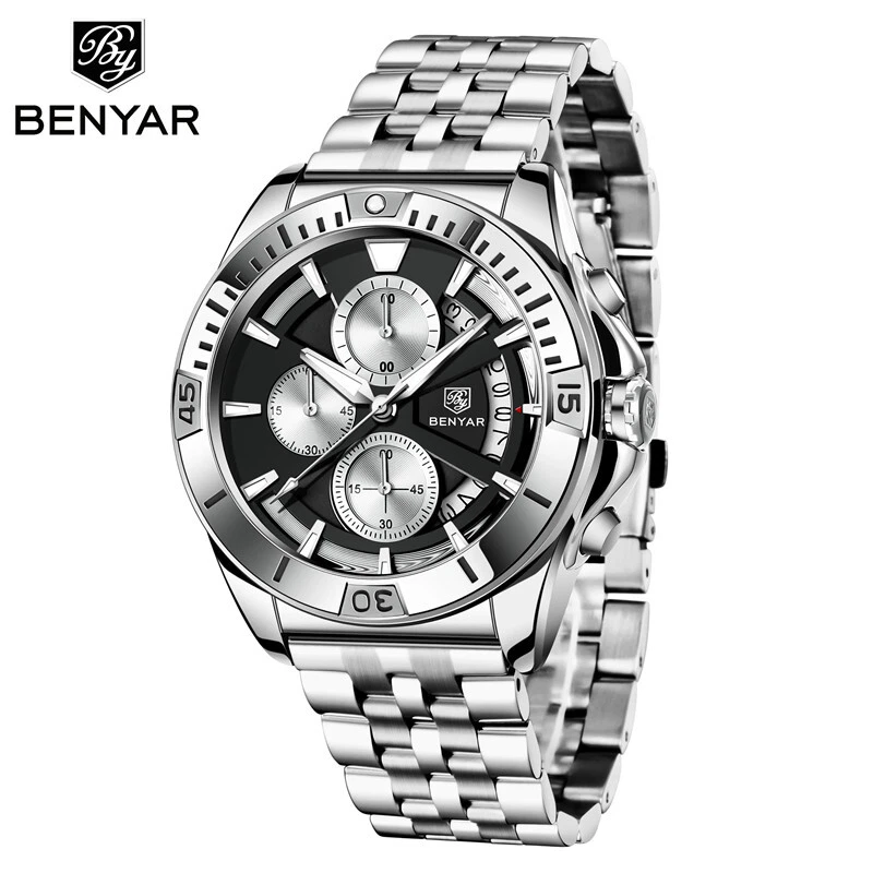Benyar Men Watch Stainless Steel Waterproof 50m Chronograph Luxury Quartz