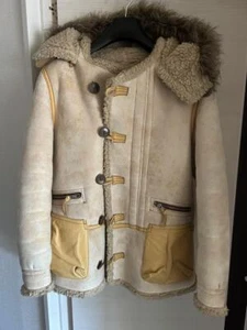 BEAMS Cream Sheepskin Duffel Coat Hooded with Fur Trim Warm Stylish - Picture 1 of 4