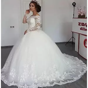 Long Sleeve Wedding Dresses Boat neck ball gown Lace Appliques Tulle Bride Gown - Picture 1 of 2