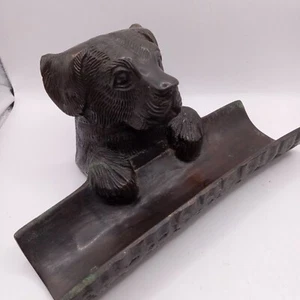 Bronze Dog Cast Metal 6.5" Office Desk Top Business Card Pen Holder/ Phone Hold - Picture 1 of 11