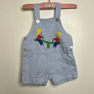 Vintage Kleinkind Shortall Strampler Outfit blau weiß Seersucker Wippe OHNE ETIKETT FEHLER - Bild 1 von 6