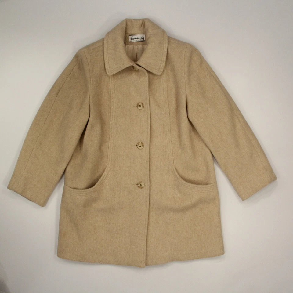 Abrigo Herman Kay Para Mujer Lana Pura Talla 10 Beige Forrado Botón Delantero Hecho en EE. UU. De Colección Foto 1 de 4