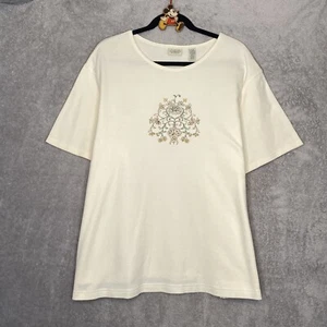 Classic Elements 3X 24 26W Top Shirt Cream Floral Short Sleeve Knit Embroidered - Picture 1 of 8