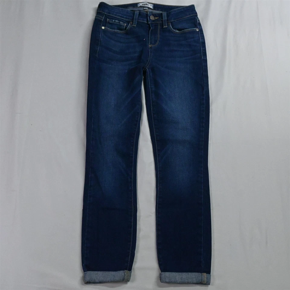 Paige 25 Kylie Crop Skinny Ankle Dark Wash Rolled Cuff Stretch Denim Jeans - Image 1 of 4