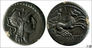 Denario / Familia Junia / D. JUNIUS SILANUS / engarzada / Roma 91 AC/ R/ L. FL - Bild 1 von 1