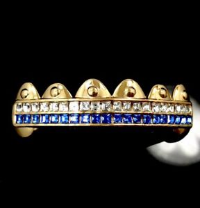 NEW 14k Gold GP Top 6 Tooth Grillz iced Hiphop SAPPHIRE BLUE cz Grills Bling out