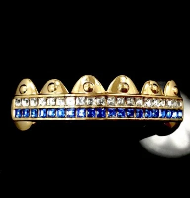 NEW 14k Gold GP Top 6 Tooth Grillz iced Hiphop SAPPHIRE BLUE cz Grills Bling out - Image 1 of 4