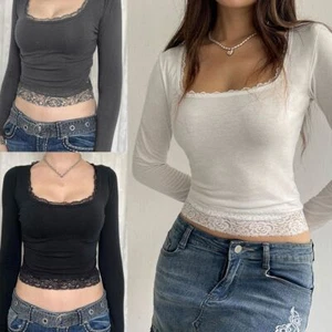Lace Trim Long-sleeved T-shirt y2k Thin Lace Top Fashion Slim crop top - Picture 1 of 15