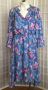 Lilly Pulitzer Floral Ruffle Dress Lined Small Flowy Vibrant Čolors Bell Sleeve - Picture 1 of 16