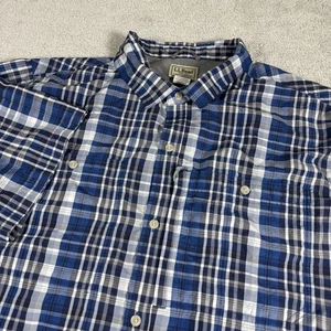 LL Bean Shirt Mens XLarge Tall Blue Short Sleeve Button Up Plaid Vented - Picture 1 of 4