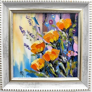 Blühende Blumen Wildblumen Ölgemälde Original 4x4 Zoll Impasto Kunst signiert - Bild 1 von 10