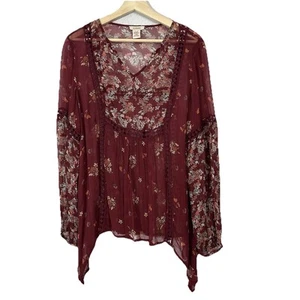 Sundance Blouse Top Womens Large Floral Chiffon Sheer Eyelet Boho Fall Colors - Picture 1 of 12