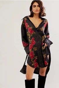 Free People Shirt Off The Vine Button Down Black Blouse, Red Rose Floral. Small. - Picture 1 of 12
