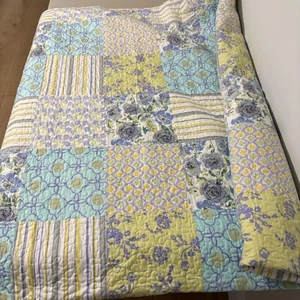 Patchwork Quilt Wende Full/Queen gelb blau Blumen Streifen 86x86 Baumwolle - Bild 1 von 12