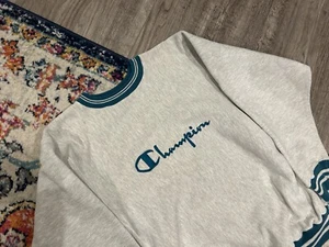 VINTAGE Champion Gray Reverse Weave Sweatshirt Stripe Trim Large L USA - Picture 1 of 6