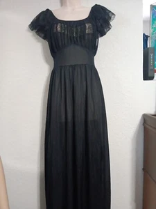 Vintage 70s Boho Peasant Black Nylon & Lace Fluttersleeve Maxi Nightgown Sz 34 - Picture 1 of 3