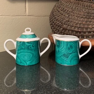 Neiman Marcus Green Malachite Creamer and Sugar Bowl with Lid Japan - Pristine - Picture 1 of 12
